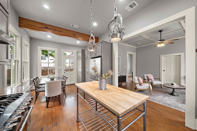 1610 Crockett St, Houston, TX 77007 - dining space with beamed ceiling, recessed lighting, dark wood-style flooring, and ceiling fan