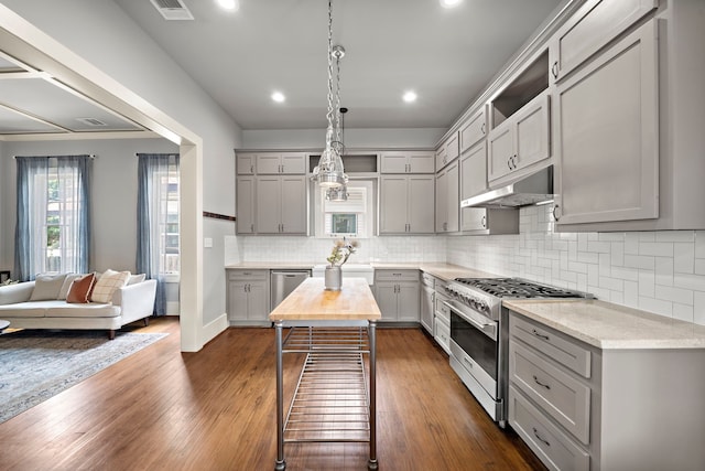 1610 Crockett St, Houston, TX 77007 - kitchen with gray cabinetry, stainless steel appliances, under cabinet range hood, decorative backsplash, and dark wood-style floors