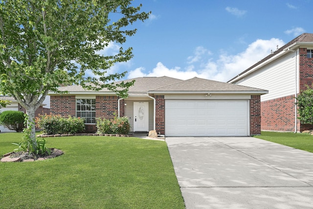 4814 Winding Timbers Ct, Humble, TX 77346 - view of front facade with a garage, a front yard, driveway, brick siding, and a shingled roof