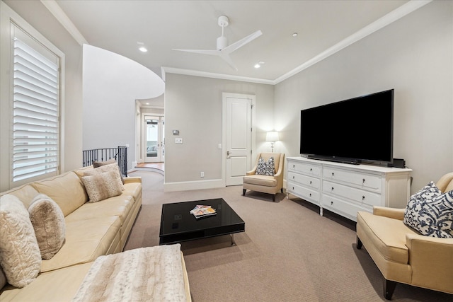 5314 Paseo Caceres Dr, Houston, TX 77007 - carpeted living area featuring ceiling fan, ornamental molding, recessed lighting, and baseboards