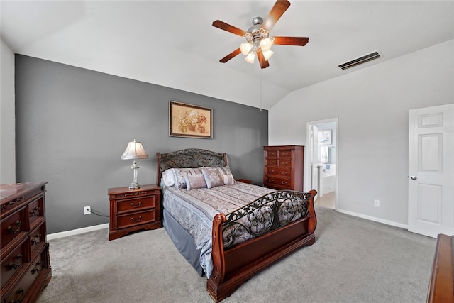 8630 Kirksage Dr, Houston, TX 77089 - carpeted bedroom with lofted ceiling, baseboards, connected bathroom, and a ceiling fan