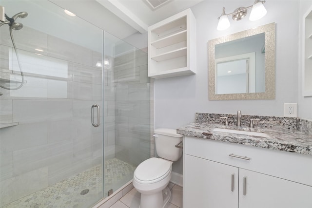 5006 Lymbar Dr, Houston, TX 77096 - bathroom featuring toilet, a stall shower, vanity, and tile patterned flooring