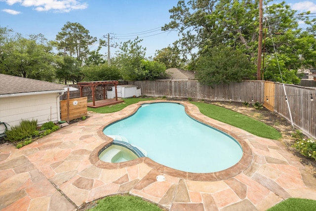 7222 Hartland Ave, Houston, TX 77055 - view of swimming pool featuring a fenced backyard, a patio, a pergola, and a pool with connected hot tub