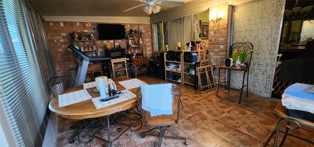 15459 Runswick Dr, Houston, TX 77062 - dining room with ceiling fan and brick wall
