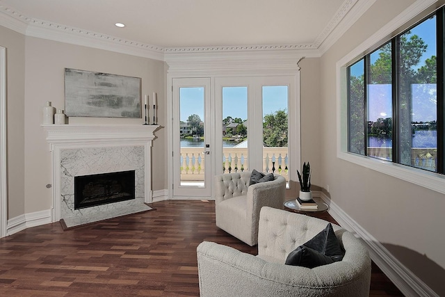 living room featuring wood finished floors, a water view, crown molding, baseboards, and a fireplace