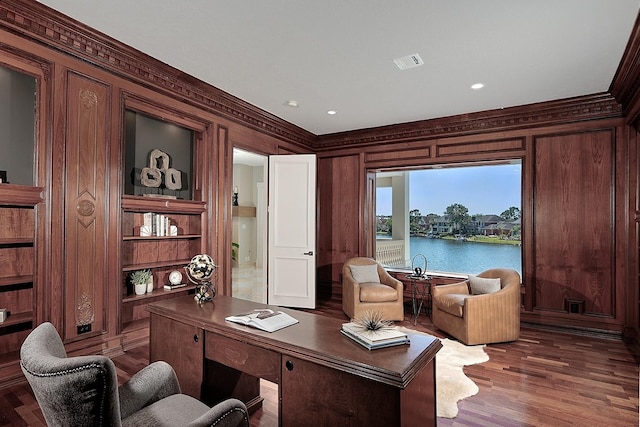 office space featuring ornamental molding, wood finished floors, and recessed lighting