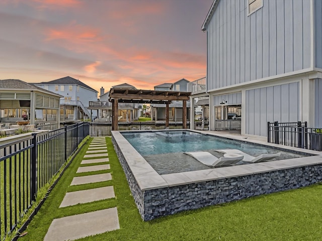 441 Jeanie Lynn St, Galveston, TX 77554 - pool at dusk with a jacuzzi, a pergola, and a residential view