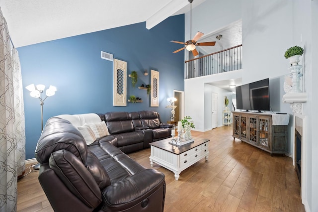 9519 Territory Ln, Houston, TX 77064 - living room featuring high vaulted ceiling, a ceiling fan, wood finished floors, beamed ceiling, and a fireplace