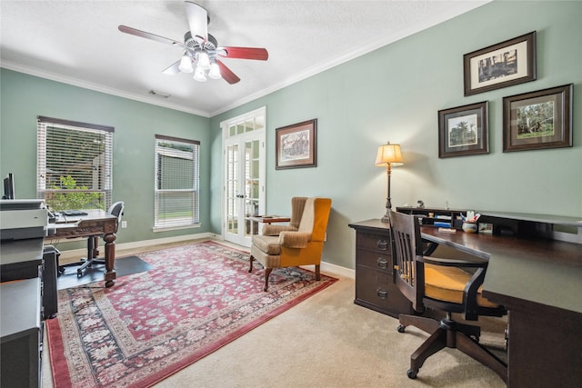 30011 Commons Forest Ct, Huffman, TX 77336 - carpeted office featuring french doors, ceiling fan, ornamental molding, and baseboards