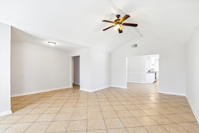 5519 Fallengate Dr, Spring, TX 77373 - unfurnished room with ceiling fan, beamed ceiling, baseboards, light tile patterned floors, and high vaulted ceiling