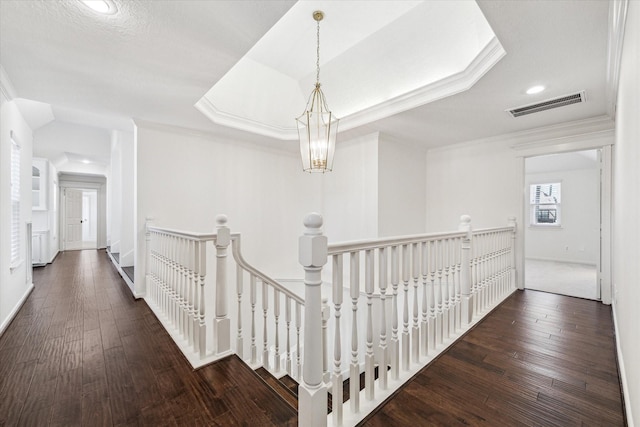 2203 Long Valley Dr, Kingwood, TX 77345 - hallway with an upstairs landing, crown molding, hardwood / wood-style flooring, recessed lighting, and a chandelier