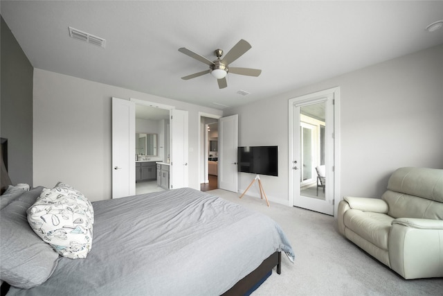 1682 Sherwood Glen Dr, Friendswood, TX 77546 - bedroom featuring light carpet, a ceiling fan, ensuite bathroom, and baseboards