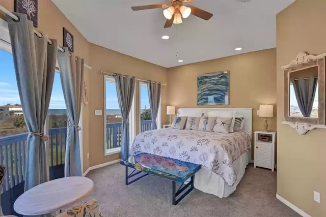 carpeted bedroom featuring baseboards, access to exterior, ceiling fan, and recessed lighting