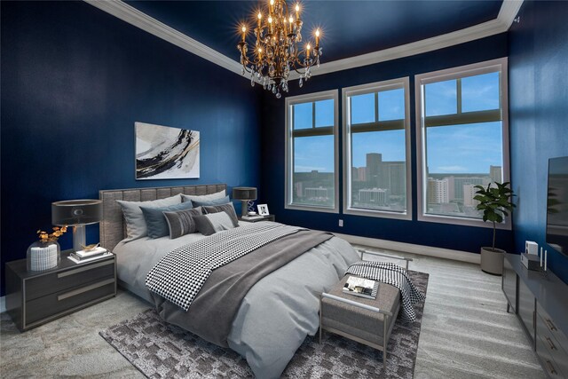 3388 Sage Rd Unit 1702, Houston, TX 77056 - carpeted bedroom featuring ornamental molding, a chandelier, and baseboards