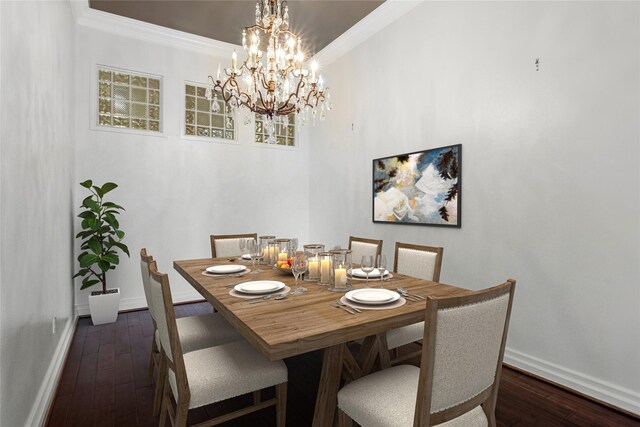 3388 Sage Rd Unit 1702, Houston, TX 77056 - dining room with baseboards, crown molding, dark wood finished floors, and a chandelier