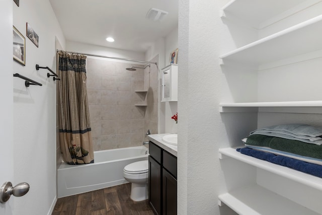 21623 Oakwood Meadows Ln, Katy, TX 77449 - full bath with wood finished floors, toilet, shower / bath combination with curtain, vanity, and recessed lighting