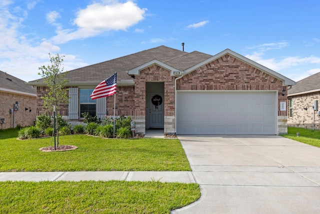 21623 Oakwood Meadows Ln, Katy, TX 77449 - ranch-style house with an attached garage, concrete driveway, a front yard, and roof with shingles