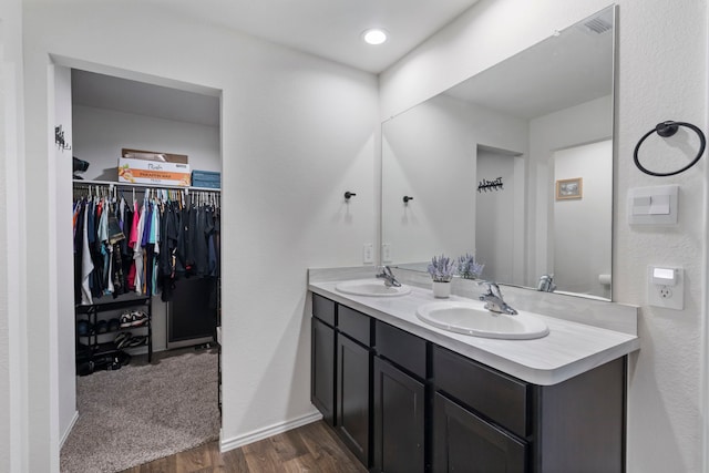 21623 Oakwood Meadows Ln, Katy, TX 77449 - bathroom featuring wood finished floors, double vanity, a spacious closet, and baseboards