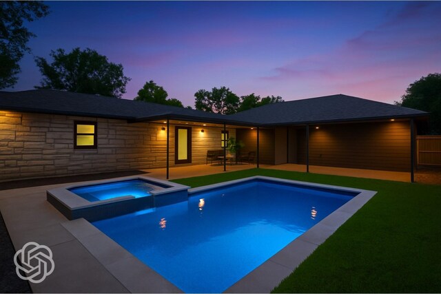 2114 Lazybrook Dr, Houston, TX 77008 - pool at dusk featuring a pool with connected hot tub, a patio, and a yard