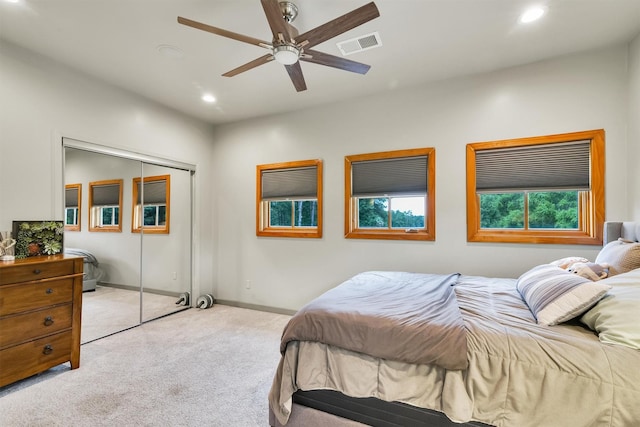 19727 Country Lake Dr, Magnolia, TX 77355 - carpeted bedroom featuring recessed lighting, ceiling fan, baseboards, and a closet