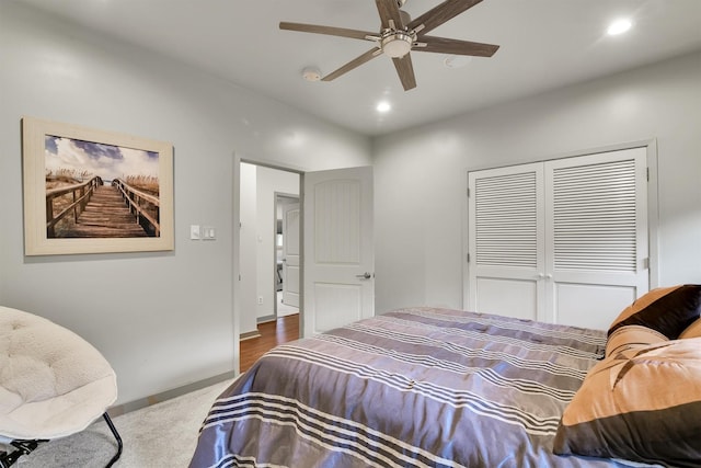 19727 Country Lake Dr, Magnolia, TX 77355 - bedroom featuring recessed lighting, a closet, a ceiling fan, baseboards, and carpet flooring