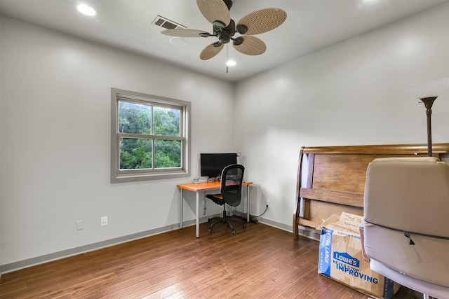 19727 Country Lake Dr, Magnolia, TX 77355 - home office featuring wood-type flooring, baseboards, ceiling fan, and recessed lighting