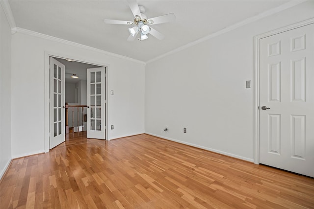 10255 Crooks Way Ct, Houston, TX 77065 - empty room with french doors, ornamental molding, light wood-style flooring, a ceiling fan, and baseboards
