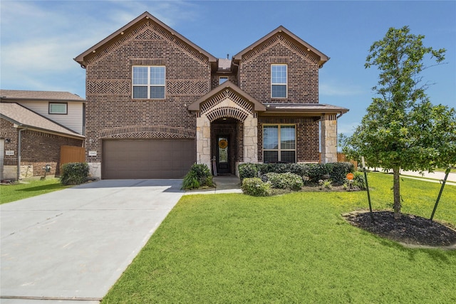 12402 Oakleaf Bend Dr, Humble, TX 77346 - traditional-style house featuring an attached garage, stone siding, brick siding, and driveway