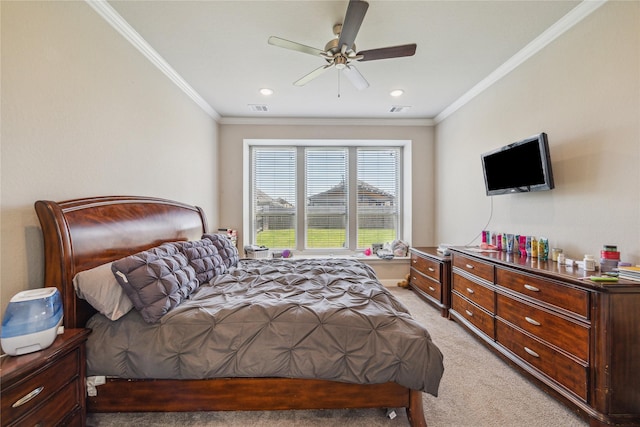 12402 Oakleaf Bend Dr, Humble, TX 77346 - bedroom featuring light colored carpet, ornamental molding, and ceiling fan