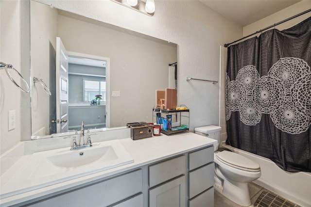 12402 Oakleaf Bend Dr, Humble, TX 77346 - full bathroom with toilet, vanity, shower / tub combo with curtain, and tile patterned flooring