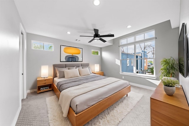 1412 Weiss St, Houston, TX 77009 - bedroom featuring baseboards, recessed lighting, light carpet, and a ceiling fan