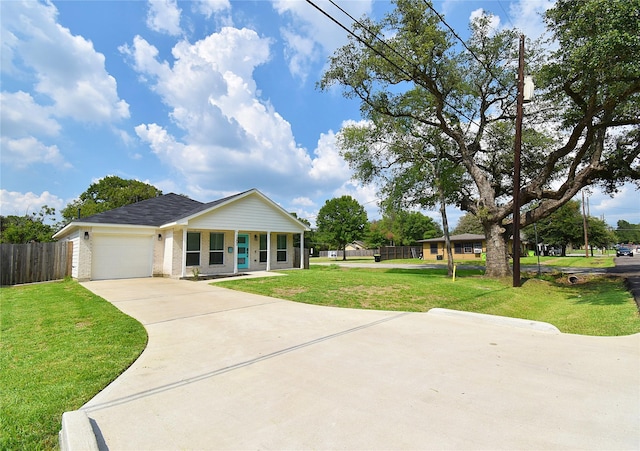 1202 Fort St, Richmond, TX 77469 - ranch-style house with covered porch, concrete driveway, a garage, and brick siding