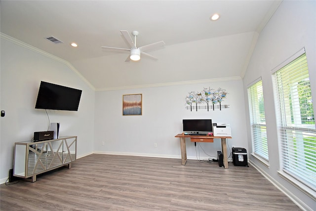 1202 Fort St, Richmond, TX 77469 - office with vaulted ceiling, healthy amount of natural light, ceiling fan, wood finished floors, and ornamental molding