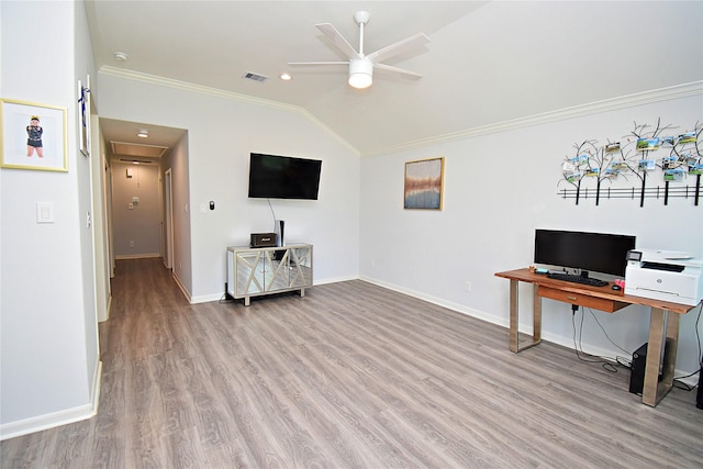 1202 Fort St, Richmond, TX 77469 - office featuring ornamental molding, lofted ceiling, a ceiling fan, wood finished floors, and baseboards