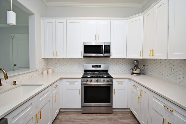 1202 Fort St, Richmond, TX 77469 - kitchen with stainless steel appliances, crown molding, a sink, white cabinets, and wood finished floors