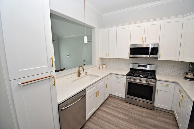 1202 Fort St, Richmond, TX 77469 - kitchen with appliances with stainless steel finishes, crown molding, a sink, white cabinetry, and light wood-type flooring
