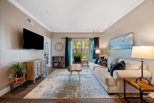 3231 Allen Pkwy Unit 6106, Houston, TX 77019 - living room featuring dark wood finished floors, crown molding, and baseboards