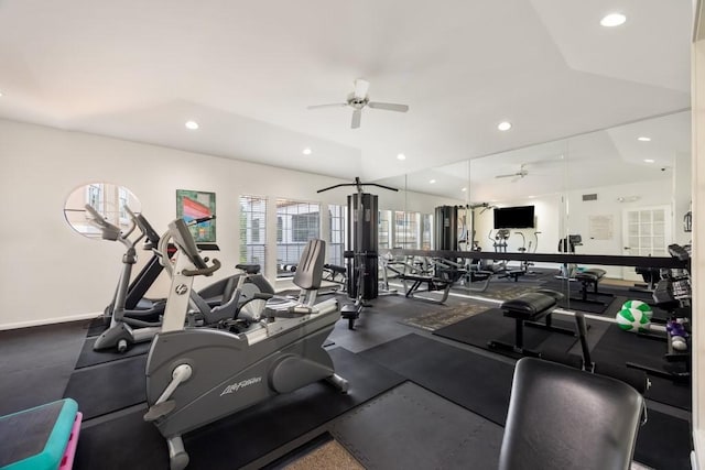 3231 Allen Pkwy Unit 6106, Houston, TX 77019 - exercise room featuring a ceiling fan, recessed lighting, and baseboards