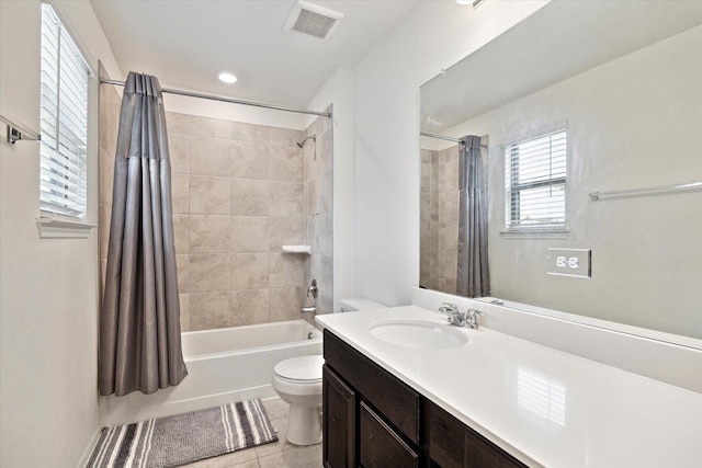 17303 Rock Willow Ln, Tomball, TX 77377 - full bath with toilet, shower / bathtub combination with curtain, vanity, tile patterned floors, and recessed lighting