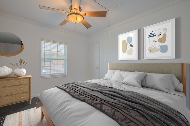 3042 Oak Forest Dr, Houston, TX 77018 - bedroom featuring attic access, crown molding, and a ceiling fan