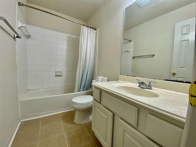 9414 Glendown Ln, Houston, TX 77070 - full bath with toilet, vanity, shower / bathtub combination with curtain, and tile patterned flooring