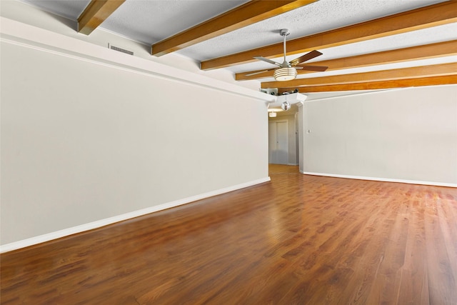 3641 Deal St, Houston, TX 77025 - empty room with beamed ceiling, ceiling fan, baseboards, wood finished floors, and a textured ceiling