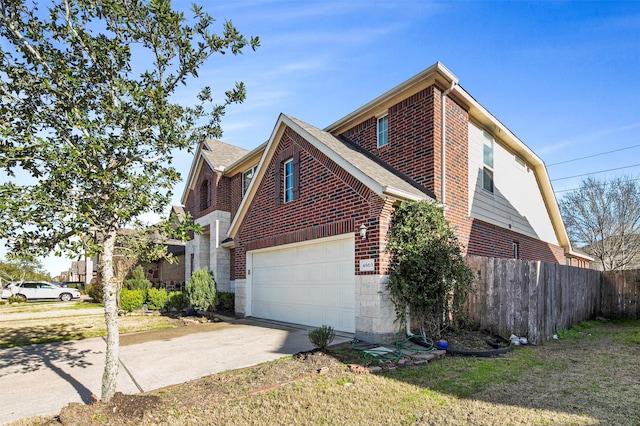 4663 Rockton Hills Ln, Sugar Land, TX 77479 - view of side of property featuring brick siding, driveway, an attached garage, and a shingled roof