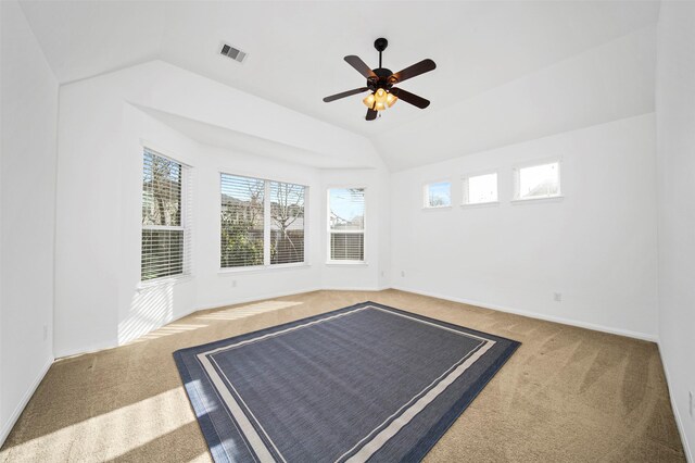 4663 Rockton Hills Ln, Sugar Land, TX 77479 - carpeted empty room featuring vaulted ceiling, a ceiling fan, and baseboards