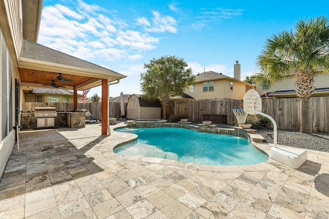 view of swimming pool featuring a storage unit, a fenced backyard, area for grilling, a patio area, and a ceiling fan