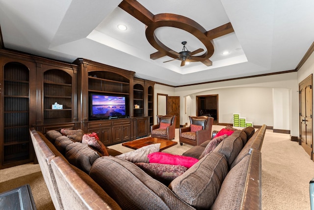 8111 Marshall Falls Dr, Spring, TX 77379 - living room featuring a raised ceiling, carpet floors, a ceiling fan, baseboards, and recessed lighting