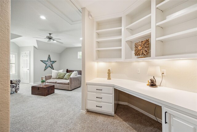 6338 Collina Springs Ct, Houston, TX 77041 - office area with built in study area, light colored carpet, ceiling fan, baseboards, and recessed lighting