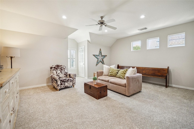 6338 Collina Springs Ct, Houston, TX 77041 - living area with a ceiling fan, light colored carpet, baseboards, recessed lighting, and lofted ceiling