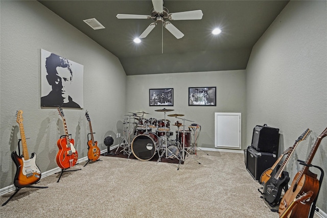 6338 Collina Springs Ct, Houston, TX 77041 - rec room featuring vaulted ceiling, carpet, baseboards, a ceiling fan, and recessed lighting