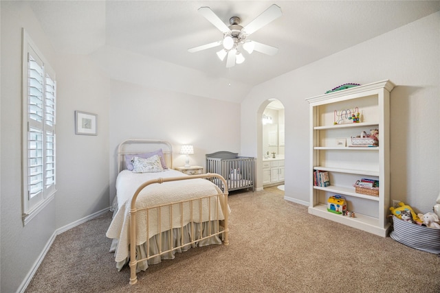 6338 Collina Springs Ct, Houston, TX 77041 - bedroom featuring carpet, arched walkways, ceiling fan, lofted ceiling, and baseboards